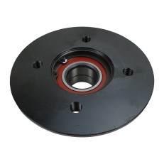 Radnabe Knott 750kg 4 x 100 – Draufsicht auf die schwarze Nabe mit 4 Montagebohrungen und Kompaktlager.