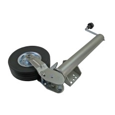 High-quality automatic jockey wheel – side view showing universal flange and solid black rubber wheel with silver rim.