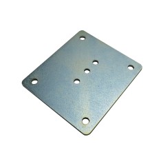 Counter plate – top view showing square shape, galvanized finish, and five mounting holes in blue and gray.
