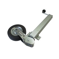 Automatic jockey wheel – side view showing the silver square tube, black rubber wheel, and 2-hole mounting flange.