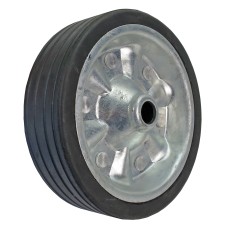 Massief rubber wiel – 200 x 50 mm – zwarte kleur met verzinkte metalen rand en 5 montagegaten.
