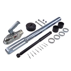 Vista dall'alto – set di ricambi per gancio di traino Westfalia WAE 2000 con timone, soffietto e bulloni in argento e nero.