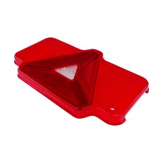 Vista dall'alto – lente sinistra Humbaur Innotrailer Aspöck con superficie riflettente triangolare rossa e bianca.
