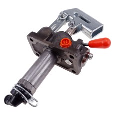 Dubbele slag hand hydraulische pomp – grijze behuizing met rode hendel en oranje dop, schuin aanzicht op witte achtergrond.