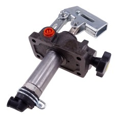 Handbediende hydraulische pomp – grijs met zwarte details en oranje dop – schuin aanzicht op een witte achtergrond.