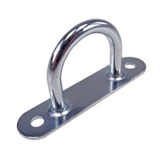 Fascetta con staffa rotonda per telone – vista frontale con due fori di montaggio e finitura galvanizzata.