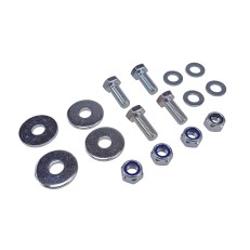Fastening set for axles – top view showing 4 silver bolts, 4 gray nuts, and 4 washers on a plain white background.