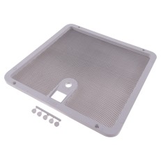 Bovenaanzicht van het Fiamma Vent subframe – aluminium frame met witte vliegenhor en centrale montageopening.