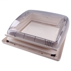 Zijaanzicht van het Dometic Mini Heki FL dakluik – transparante koepel met ventilatiesleuven en beige montagerand.