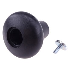 Forfra – rund sort knap med central hul og vedhæftet skrue til foldbart støtteben 350mm.