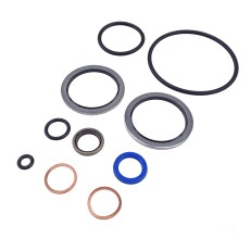 Gasket set – top view featuring various sizes, blue gaskets, and copper washers against a plain white background.