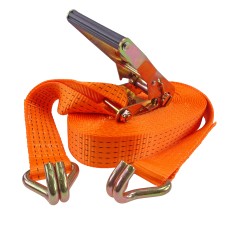 50mm lashing strap – front view showing orange webbing and pointed hooks at both ends, 6m long.