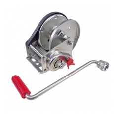 Alko winch Basic Typ 900 A – front view showing silver and red colors, manual crank, and two mounting holes.