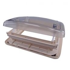 Bovenaanzicht van het Dometic Mini Heki S dakluik – transparant deksel met handmatige opening en ventilatieroosters.