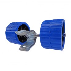 Side rollers for boat trailer – blue polyethylene wheels with a metal bracket for 40mm tube, centered on a white background.