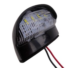 Luce targa a LED 72x50mm – vista laterale con lente curva e cavi visibili, colore nero e trasparente.