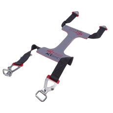 Belt fastening system TYREFIX® BASIC – front view showcasing adjustable straps, metal hooks, and red stitching on gray...