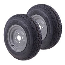 Frontvy av 2 x 4.50-10 hjul – svart och grå fälg med 4x100 bultmönster och 10 tum diameter.