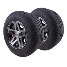 Frontvy av två 195/55 R10C hjul med aluminiumfälg 6J x 10 – svarta och silverfärgade med 5 hål.