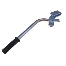 Sivusta näkyvä käsijarruvipu – musta kumikahva ja kaareva vipu, galvanoitu hopea.