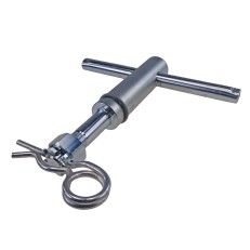 Ganascia di bloccaggio Peitz AEV M20x1,5 – acciaio zincato, regolabile in altezza, con maniglia a T nera e finitura argento.