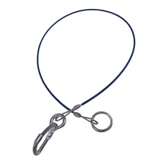 Corda a strappo di 1m – rivestita in PVC blu – con moschettone e anello in metallo.