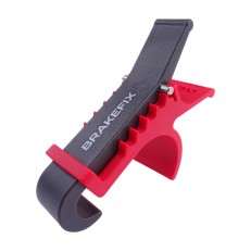 ACEBIKES BrakeFix – front view showing adjustable clip, rubberized grip, and notched design in black and red.