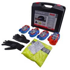 Car transport belt – front view showing 4 ratchet straps, gloves, and a reflective vest in black and red.