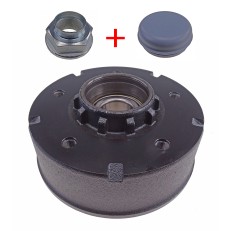 Vista frontale del tamburo del freno – colore nero e grigio – con 5 fori di montaggio e cuscinetto incluso.