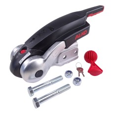 Frontvy av Alko AKS 3504 – svart och silver anti-rullkoppling med röd säkerhetskåpa och låsnyckel.