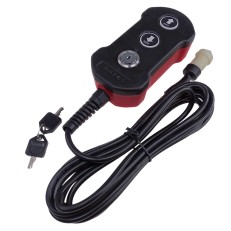 Switch box with small plug lockable – front view showing three buttons and a locking mechanism in black and red.