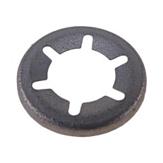 Rondella di sicurezza per bullone di regolazione – vista dall'alto con 6 punte e foro centrale, colore grigio.