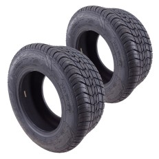 Framvy av två släpvagnsdäck 195/50 B10 – svart med slitbanemönster S-6502 och 10PR TL.