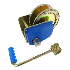 900kg Seilwinde mit automatischer Lastdruckbremse – Frontansicht in Blau und Gold mit abnehmbarer Kurbel.