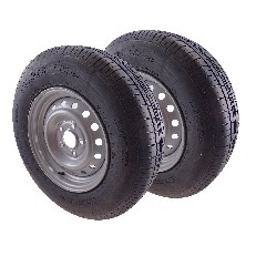 Roue complète vue de face – pneu 185 R14C sur jante 5.5J x 14 avec 5 trous, finition peinte noire et argentée.