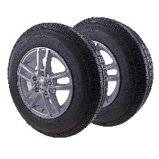 Frontvy av 2-pack 175 R14C hjul – aluminiumfälg 5.5Jx14 med bultcirkel 5x112 och svarta däck.