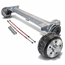 Alko släpvagnsaxel Compact – bromsad med 5x112 bultmönster och 1600 mm stöd, i silver och svart, sidovy.