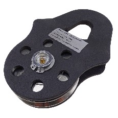 Umlenkrolle Snatch Block 10t – Draufsicht auf die schwarze Rolle mit fünf Montagebohrungen und Kabelnut.