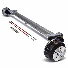 Alko släpvagnsaxel Compact – bromsad, 1350 kg, 1500 mm stöd, 5x112 bultmönster, svart och silver, sidovy.