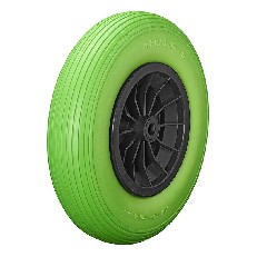 16" PU tire 4.00-8 – side view showing green and black plastic rim, puncture-proof design.