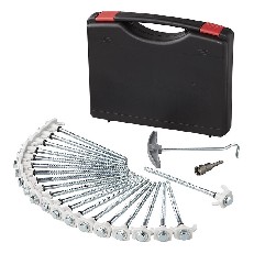 20 cm screw-in metal tent pegs – top view showing black plastic hooks and screwable design on a plain white background.