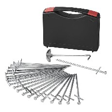 Rock Pegs 23 cm Metal – top view showing 20 silver pegs with cross pins in a black case on a plain white background.