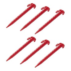 Teltpløkker 19 cm i ABS-plast – rød med en krogformet top og spids spids, set forfra på hvid baggrund.