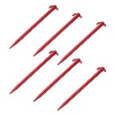 Teltpløkker 30 cm i rød ABS-plast – 6 stk. pakket i polyposer, ideelle til camping og telte.