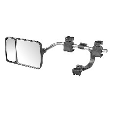 Zijaanzicht van de Caravanspiegel vlak glas 44 cm – met dodehoekspiegel en verstelbare montagebeugels in zwart en zilver.