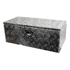 Aluminium drawbar box – front view showing silver diamond plate texture and lockable latch on a plain white background.