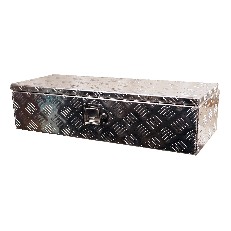 Aluminium drawbar storage box – side view showcasing the silver diamond plate pattern and lockable latch.