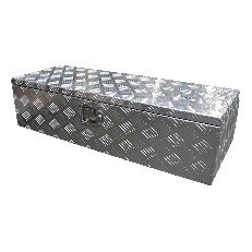 Aluminium drawbar box – side view showcasing the silver diamond plate pattern and lockable latch.