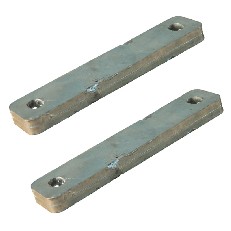 Adapterplatten KA15 – Draufsicht mit zwei Löchern, 166 mm lang und 15 mm hoch, in grauem, verzinktem Stahl.