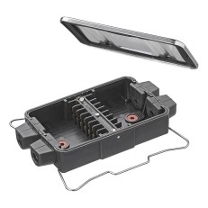 Kabelverbinder Dose – Draufsicht auf die schwarze Verteilerdose mit Metalldeckel und mehreren Kabelanschlüssen.